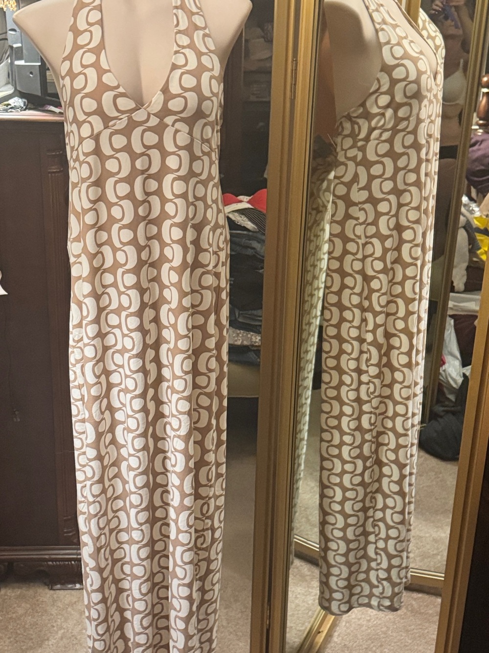 Derek Heart Beige and White Geometric Halter Maxi Dress